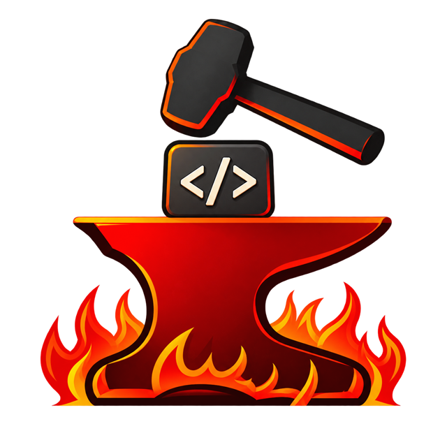 A hammer forging a software tile on a red-hot anvil above flames.